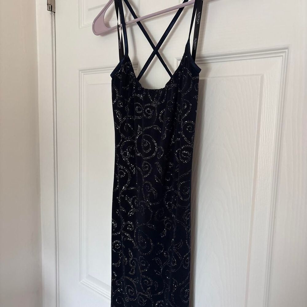 Vintage Roberta Navy Sparkly Swirl Maxi Bodycon Dress with Back Detail size S